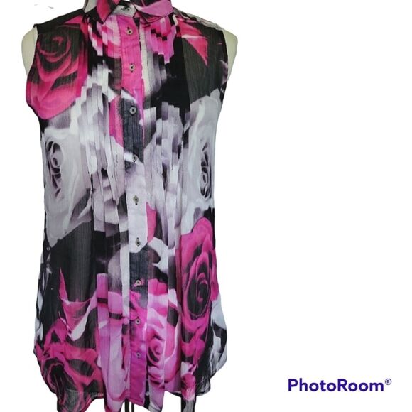 *FEVER* SHEER ROSE SLEEVELESS BUTTON FRONT TOP - M - Picture 1 of 10